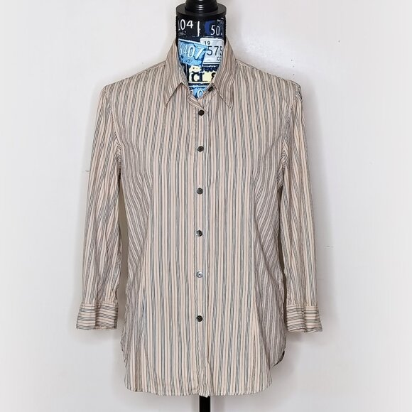Vintage BURBERRY London Striped Button Up Shirt Nova Check Stripes Beige Sz L - Picture 1 of 13